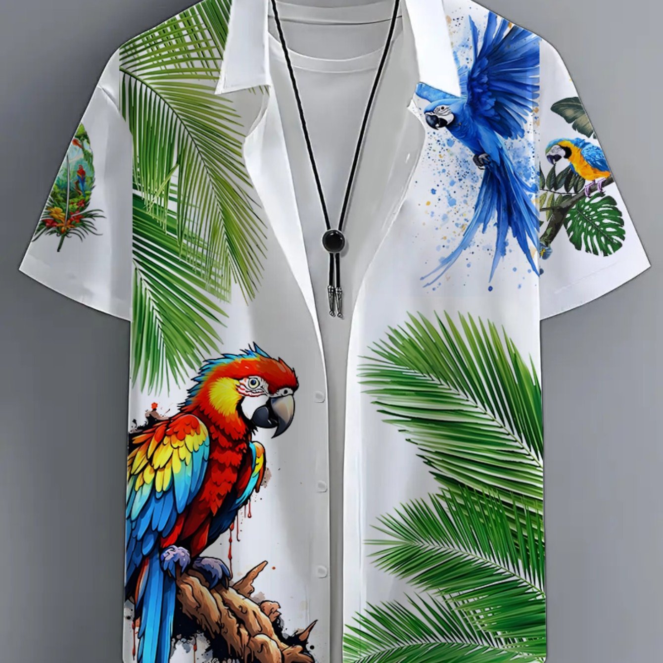 Herren Kurzarm-Hemd mit tropischem Papageien-Print und Palmen – Exotisches Freizeithemd für Strand und Urlaub