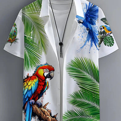Herren Kurzarm-Hemd mit tropischem Papageien-Print und Palmen – Exotisches Freizeithemd für Strand und Urlaub
