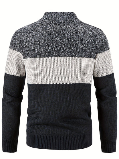 Herren Cardigan gestreift mit Stehkragen – melierter Strick und kariertes Futter