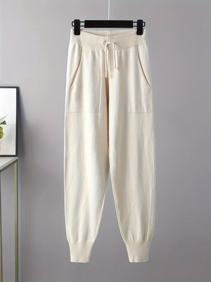 Damen Loungewear Set Strickpullover V-Ausschnitt und Strickhose Jogger mit Tunnelzug