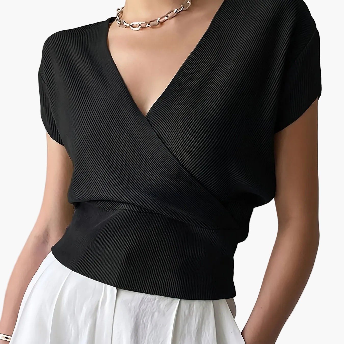 Damen Wickelshirt mit V-Ausschnitt – Eleganter Sommer Pullover Kurzarm für Freizeit & Büro