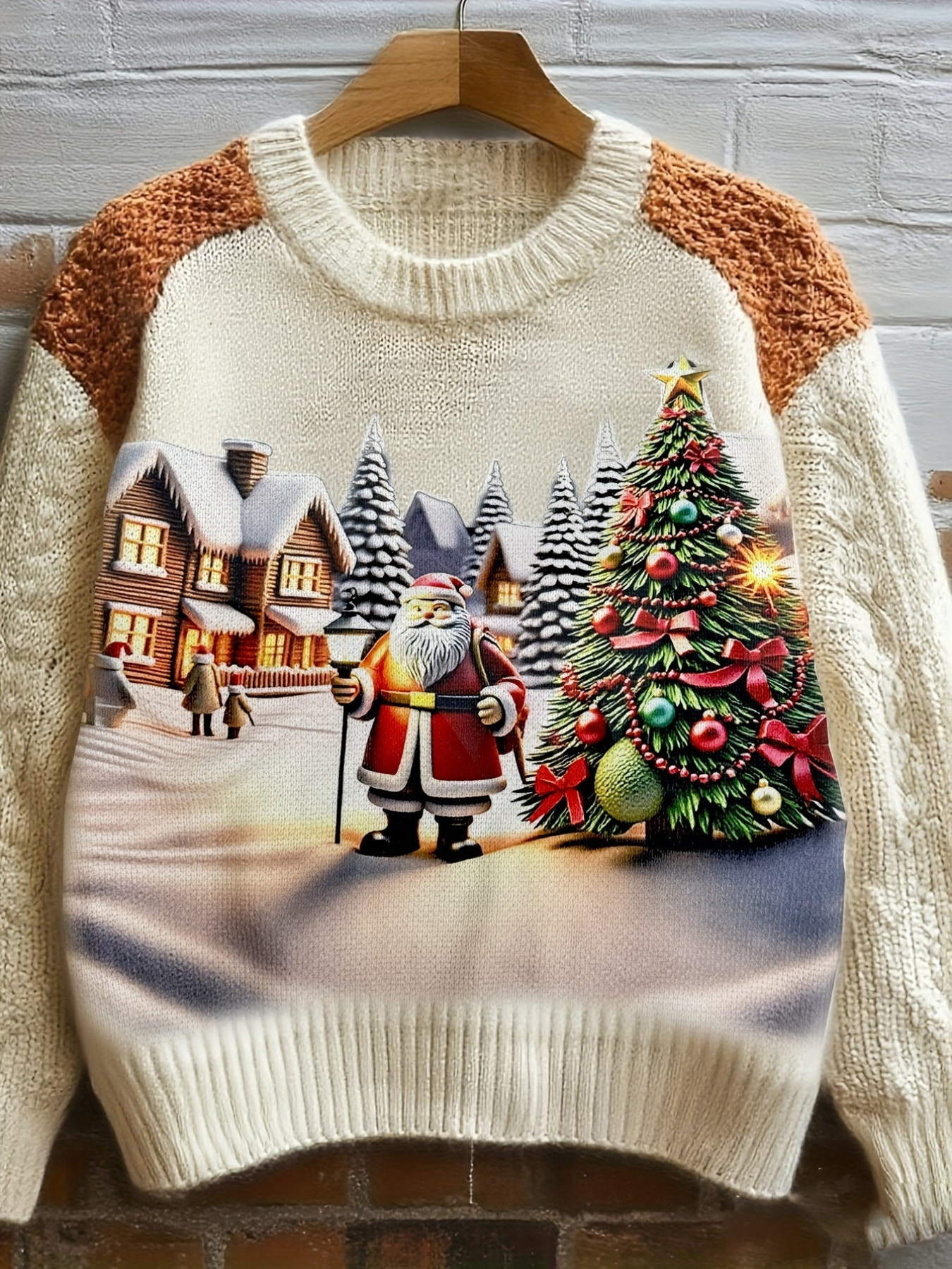 Damen Pullover Beige mit Katzenmotiv und Blumen – Rundhals Strickpullover