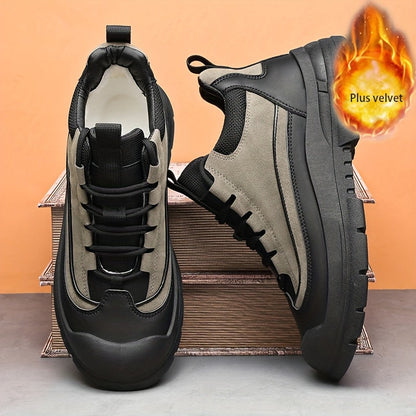 Unisex Sneaker mit dicker Sohle und Schnürung, Schwarz und Grau/Khaki