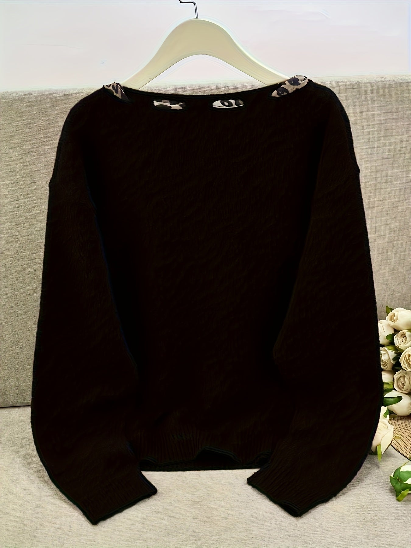 Damen Pullover Rundhals mit Leopardenmuster-Schleife