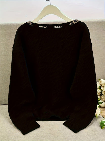 Damen Pullover Rundhals mit Leopardenmuster-Schleife