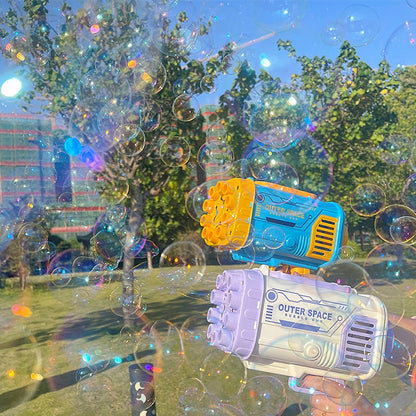 Kinder Bazooka Bubble Gun – Elektrische Seifenblasenpistole mit 69 Düsen und Lichteffekten – Geschenk für Indoor und Outdoor Spaß