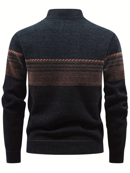 Herren Pullover Halb-Reißverschluss Stehkragen gestreift Fleece-Futter