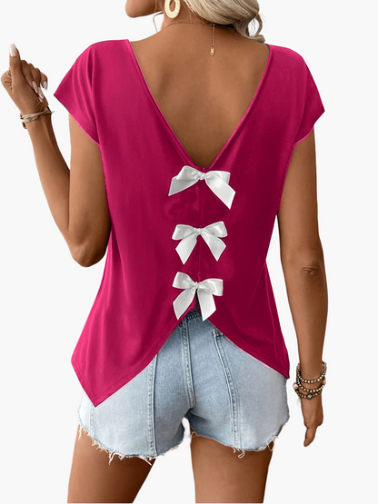Damen Trendiges Rückendetail-Shirt mit Schleifen und V-Ausschnitt – Perfekt für Sommer, Freizeit & Urlaub