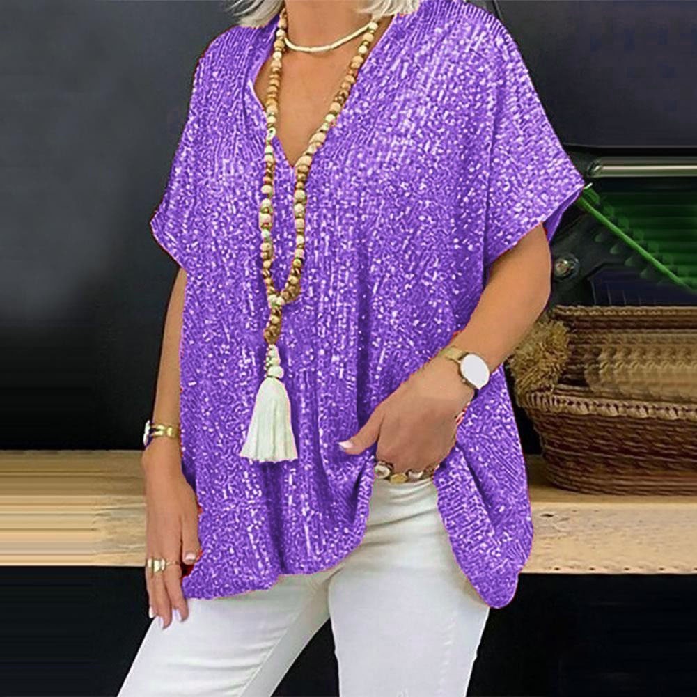 Damen Pailletten Tunika mit V-Ausschnitt – Glitzerndes Oversize-Shirt für festliche Anlässe