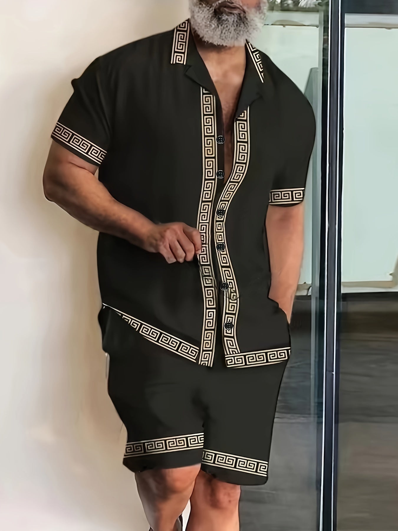 Herren Sommer Freizeit Set – Kurzarm Hemd und Shorts mit geometrischem Muster, perfekt für Urlaub und Alltag