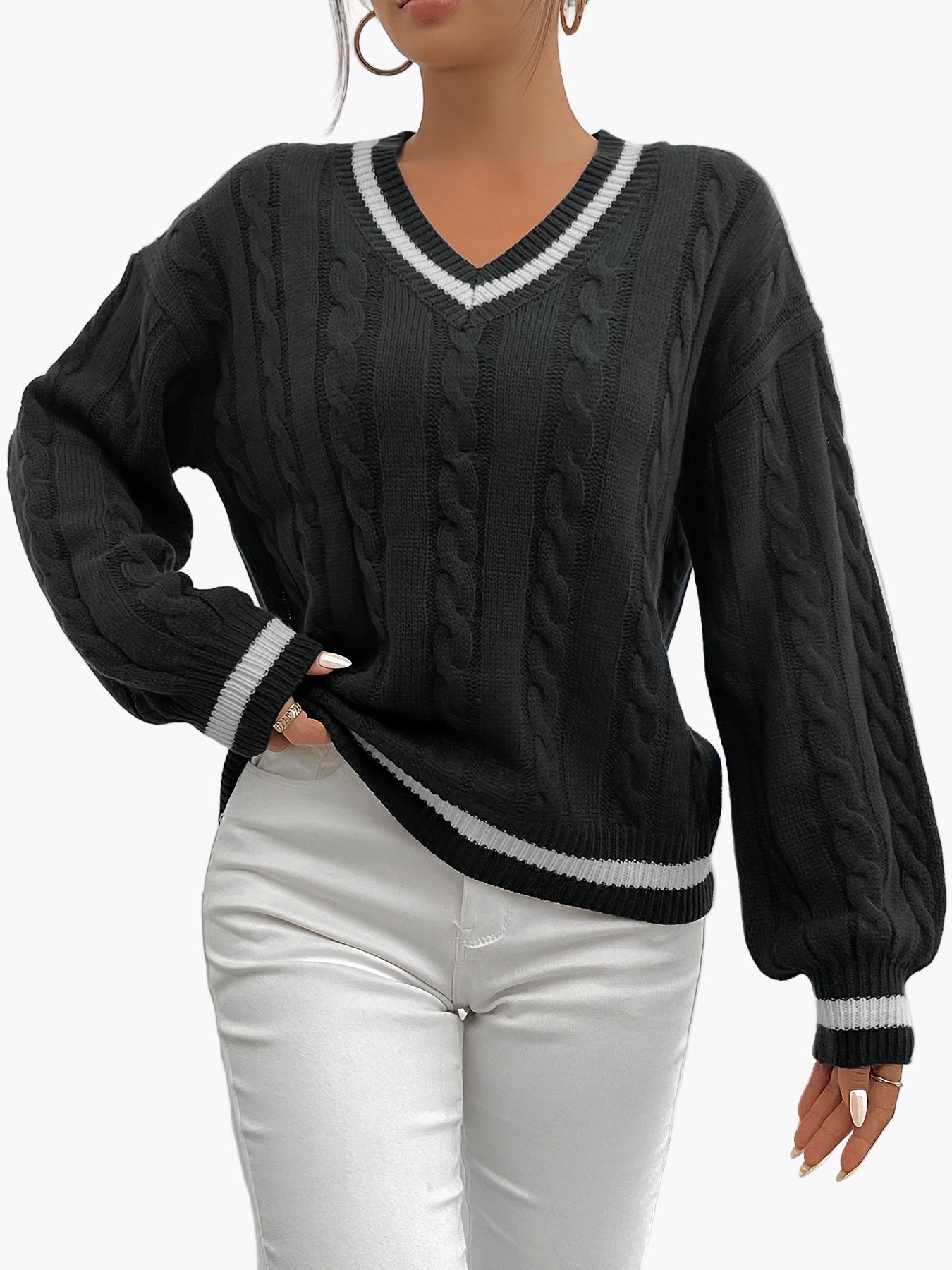 Damen Strickpullover mit V-Ausschnitt und Zopfmuster – Eleganter Freizeitpullover für Herbst und Winter