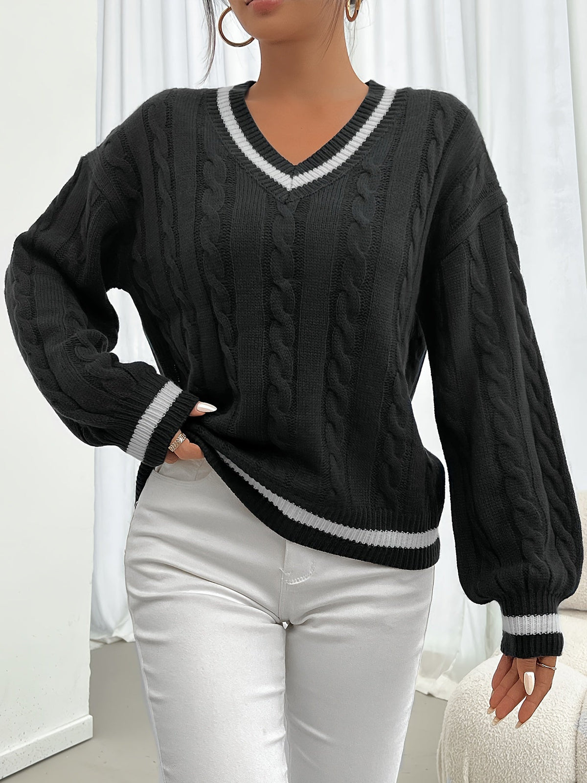Damen Pullover Zopfmuster V-Ausschnitt College-Stil Kontraststreifen
