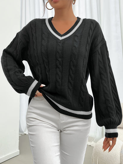 Damen Pullover Zopfmuster V-Ausschnitt College-Stil Kontraststreifen