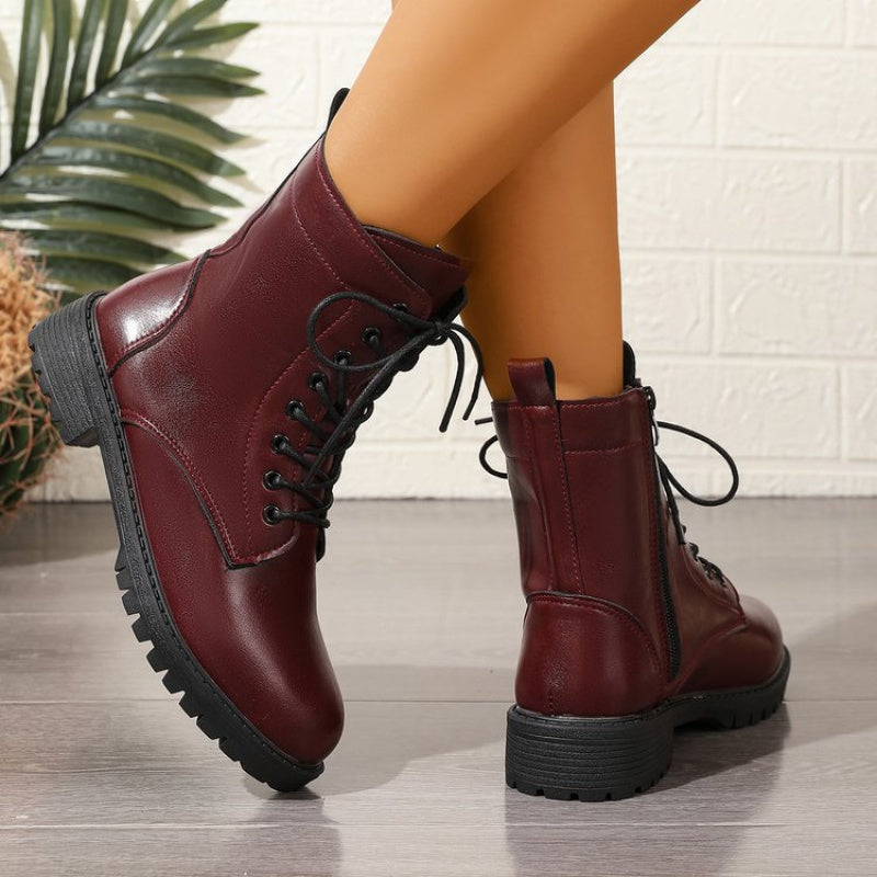 Damen Schnürstiefeletten Burgund mit Reißverschluss und Profilsohle