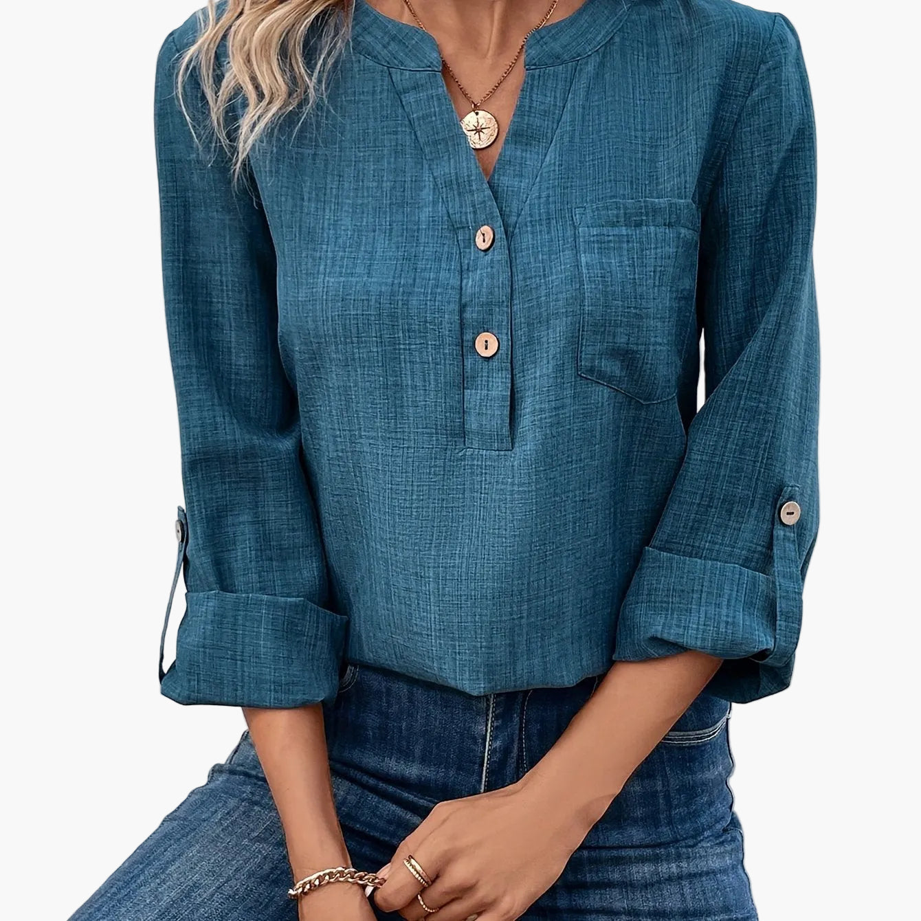 Damen Bluse mit V-Ausschnitt und Knopfleiste – Lässiger Style für Alltag & Büro
