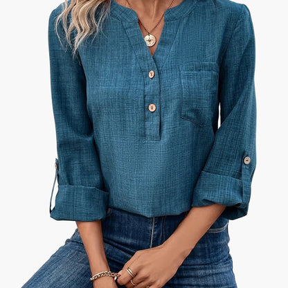 Damen Bluse mit V-Ausschnitt und Knopfleiste – Lässiger Style für Alltag & Büro