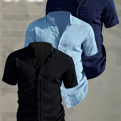 Herren 3er-Pack Stehkragen Hemden – Modischer Freizeit Look, Kurzarm, Knopfleiste
