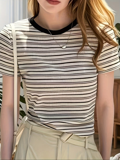 Damen Kurzarm Streifen T-Shirt mit Rundhalsausschnitt – Eleganter Alltags-Look