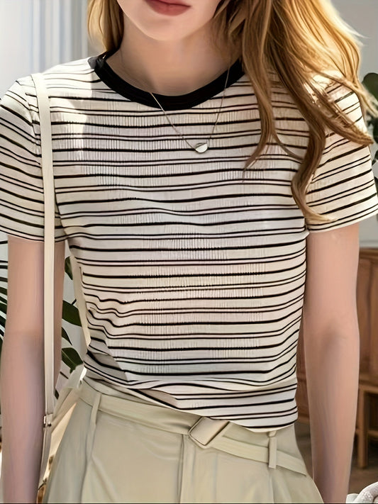 Damen Kurzarm Streifen T-Shirt mit Rundhalsausschnitt – Eleganter Alltags-Look