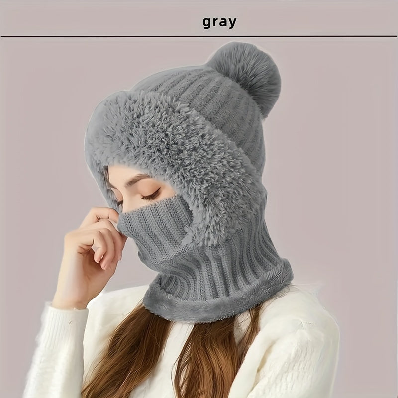 Winter Beanie mit Fleece-Futter und Halswärmer – Gestrickte Mütze mit abnehmbarer Gesichtsmaske, Pompon und Pelzbesatz