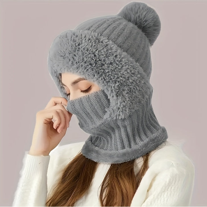 Winter Beanie mit Fleece-Futter und Halswärmer – Gestrickte Mütze mit abnehmbarer Gesichtsmaske, Pompon und Pelzbesatz