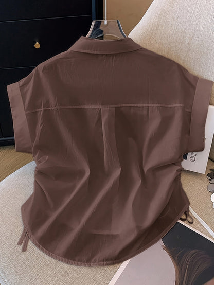 Damen Kurzarm Bluse mit Kordelzug und Hemdkragen – Modisch & Vielseitig