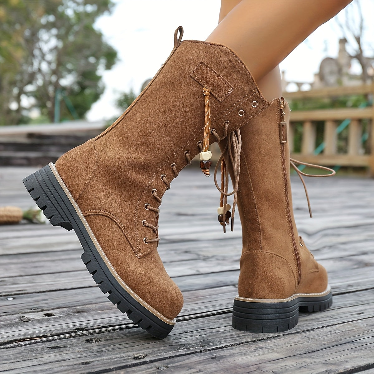 Damen Schnürstiefel Stiefel Hellbraun knöchelhoch mit Reißverschluss Profilsohle
