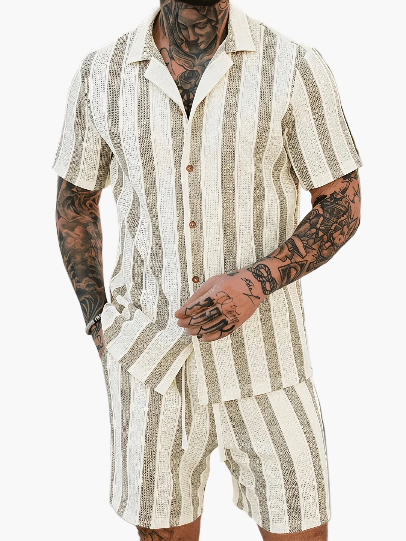 Herren Set Kurzarmhemd und Shorts im lässigen Streifen-Design für Sommer und Freizeit
