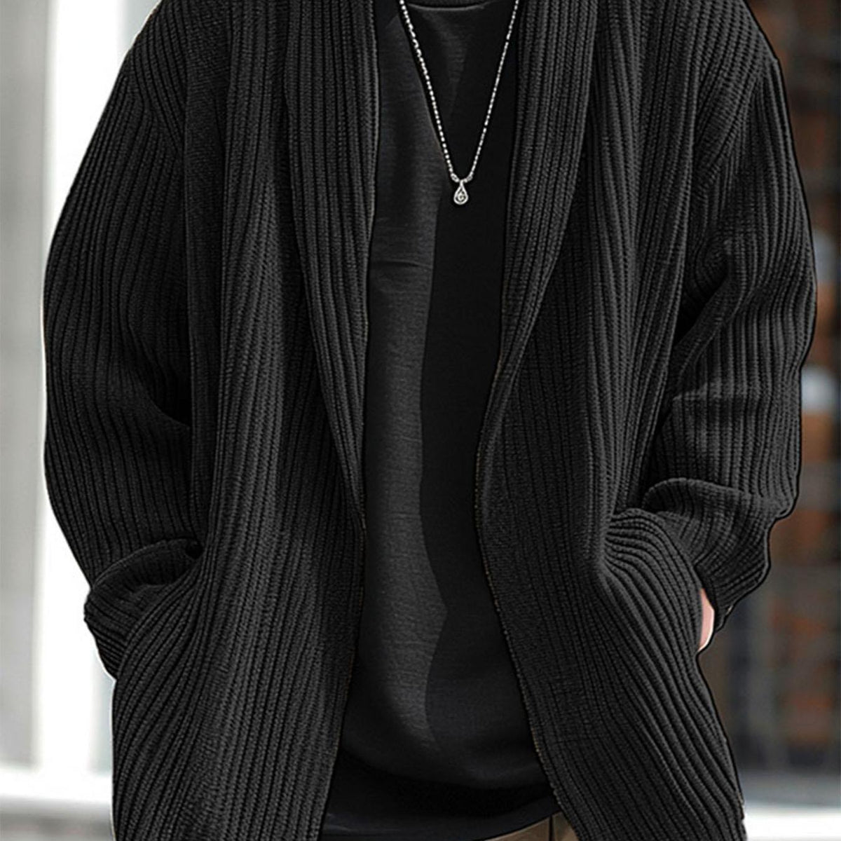 Herren Cardigan Strickjacke Schwarz Rippstrick Offen
