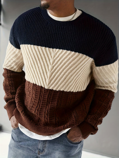 Herren Pullover Farbblock Gerippt Rundhalsausschnitt Langarm