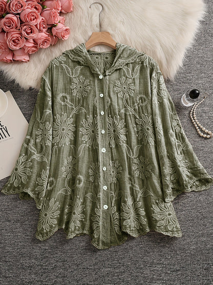 Damen Bluse Langarm mit Kapuze, Besticktes Blumenmuster, Knopfleiste