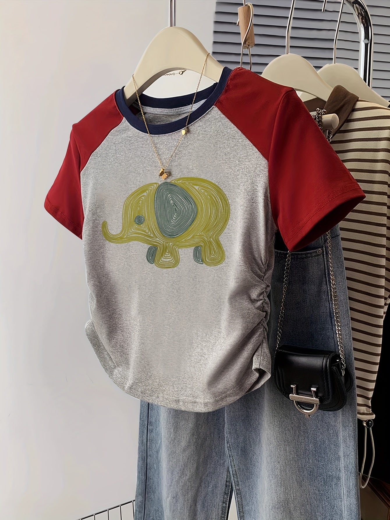 Damen T-Shirt mit Elefanten-Print, Y2K Stil, Freizeitmode