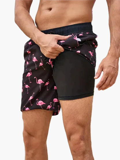Herren Badeshorts mit Kompressions-Innenshorts – Moderne, schnell trocknende Swimshorts mit tropischem Muster für Strand & Sport