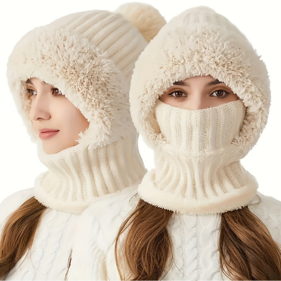 Winter Beanie mit Fleece-Futter und Halswärmer – Gestrickte Mütze mit abnehmbarer Gesichtsmaske, Pompon und Pelzbesatz