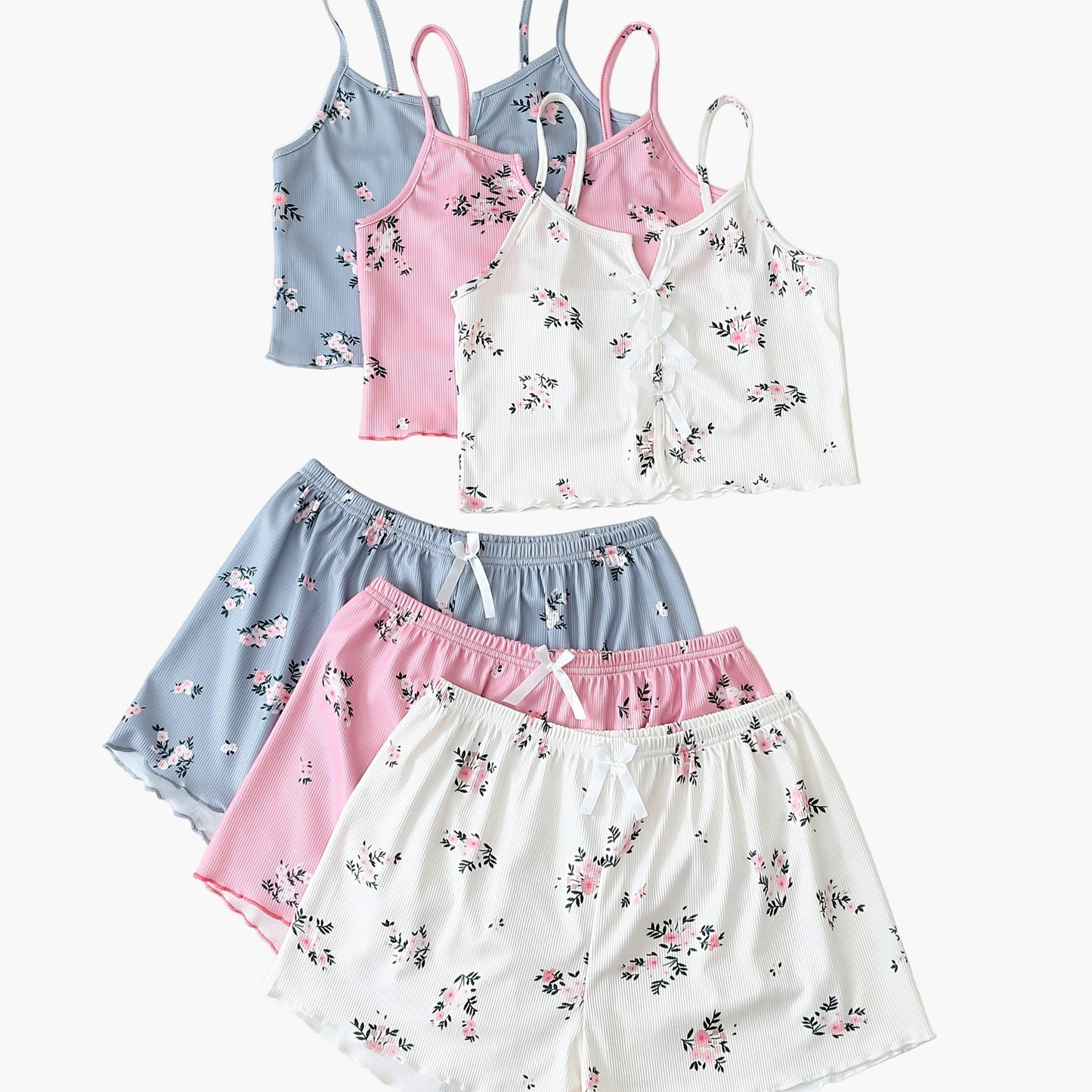 Damen Pyjama Set mit Blumenmuster – 3-teiliges Sommer Schlafanzug Set mit Shorts und Träger-Top, für entspannte Nächte