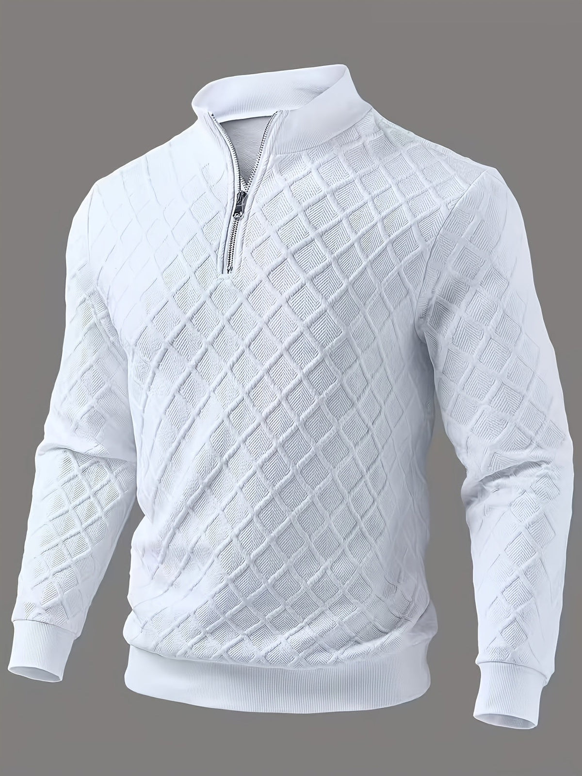 Herren Pullover Weiß mit Stehkragen und Reißverschluss, Rautenmuster