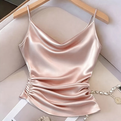 Damen Satin-Camisole mit Wasserfallausschnitt und Raffungen – Elegantes Oberteil für Abend und Party