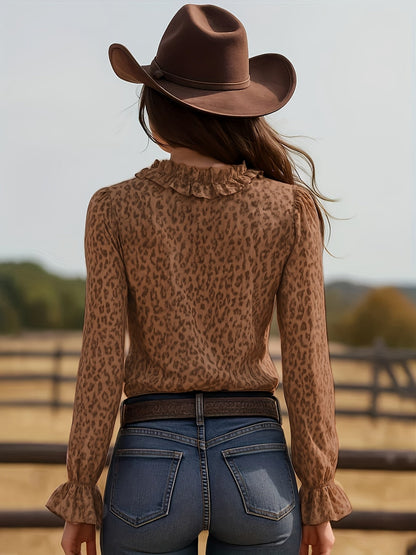 Damen Rüschenbluse im Leopardenmuster – Eleganter Boho-Chic für Freizeit & Party