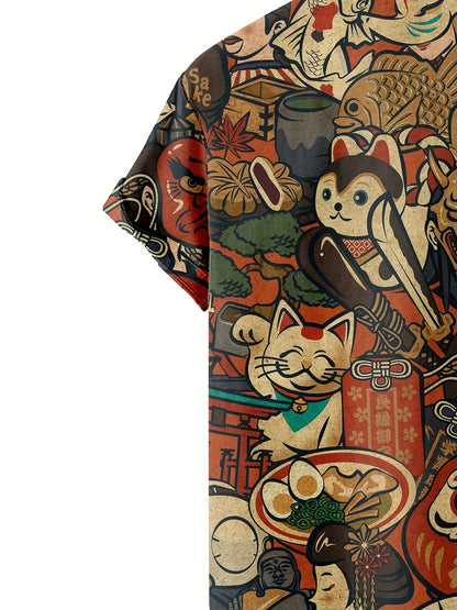 Herren Kurzarmhemd mit japanischem Grafikmuster – Streetwear Kunst Hemd