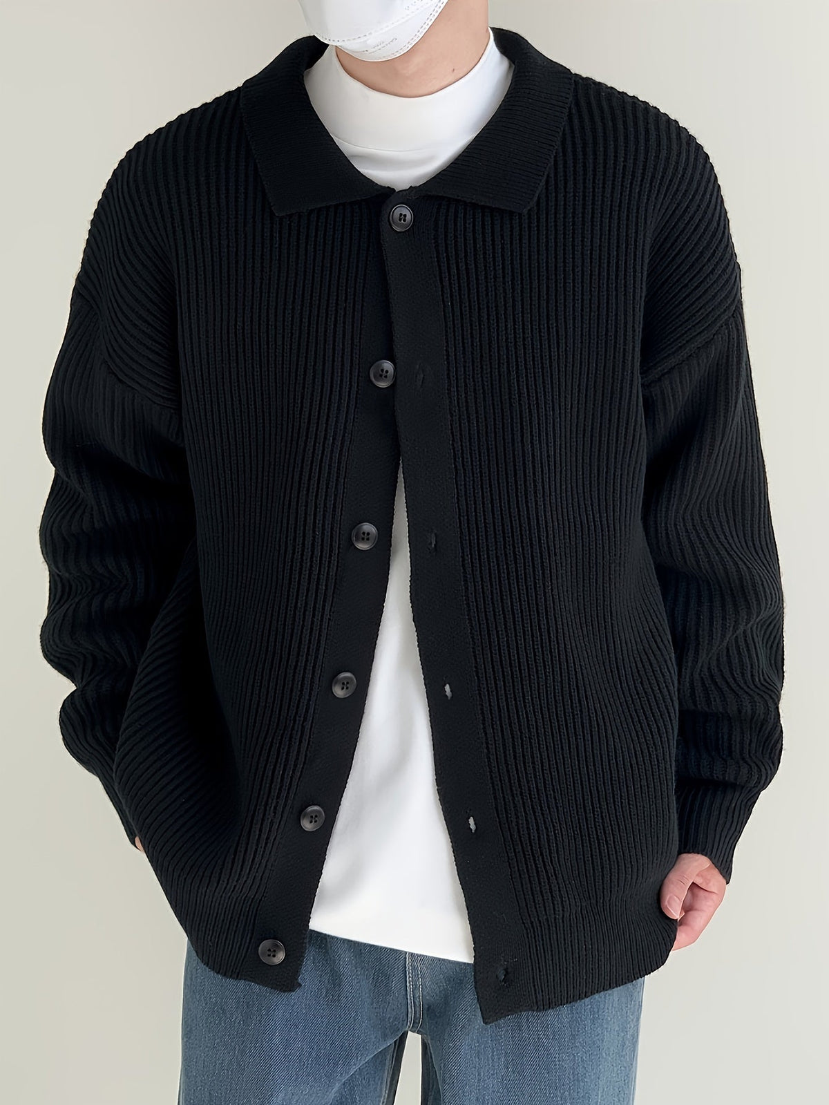 Gerippte Strickjacke mit Kragen für Herren – Beige, Schwarz, Grün
