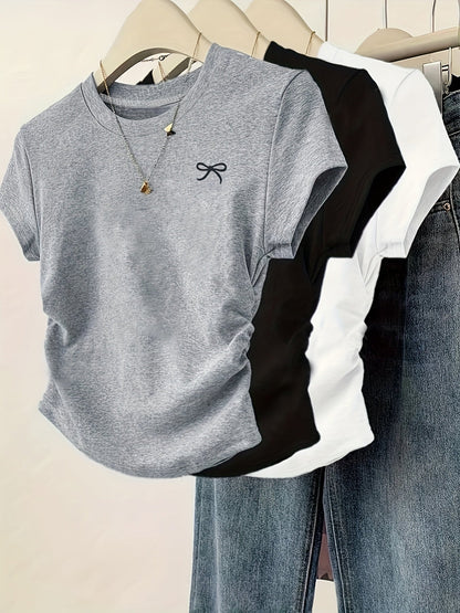 Damen T-Shirt mit Schleifenstickerei und Raffungen – Modisches Kurzarmshirt für Freizeit und Alltag