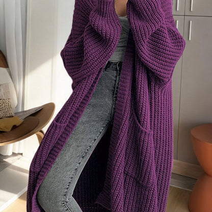 Damen Oversize Strick-Cardigan Lang Offene Front mit Taschen – Lässiger Streetstyle