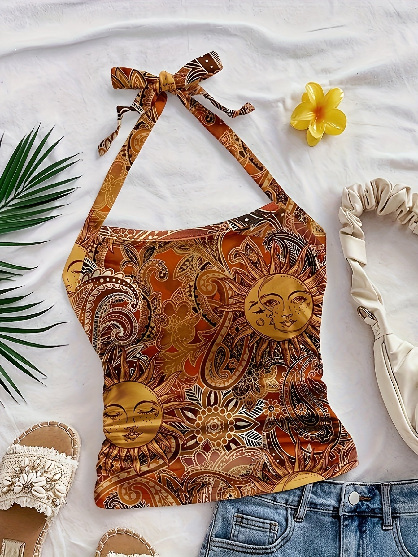 Damen Vintage Halterneck Top mit Sonnen- und Mond-Print – Sommer Boho Style