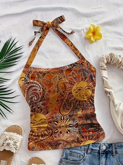 Damen Vintage Halterneck Top mit Sonnen- und Mond-Print – Sommer Boho Style