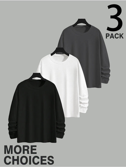 3er Pack Langarmshirt Herren Rundhals Basic Langarm T-Shirt Schwarz Weiß Grau
