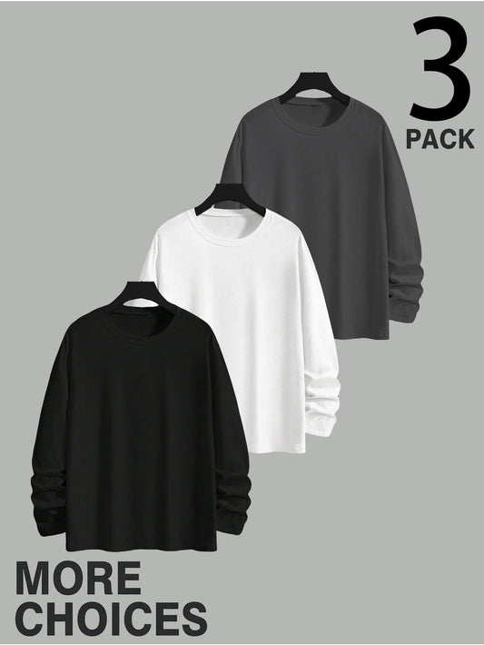 3er Pack Langarmshirt Herren Rundhals Basic Langarm T-Shirt Schwarz Weiß Grau