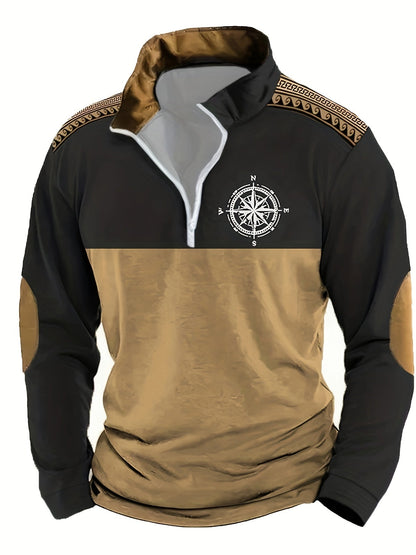 Herren Halbarm-Pullover mit Reißverschluss, Kompass-Motiv & Ellbogen-Patches, Zweifarbig