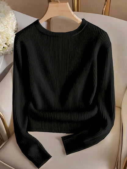 Damen Gerippter Pullover Langarm Rundhals mit Zierknöpfen