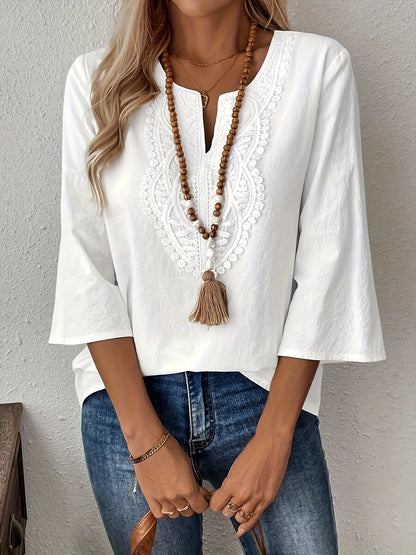 Damen Boho-Bluse mit Spitze und Stickerei – Elegante Freizeitmode für jeden Tag