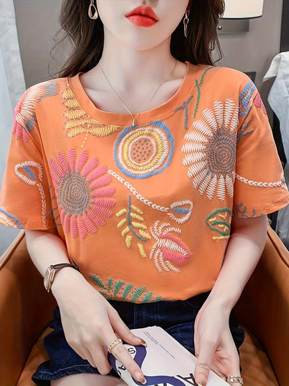 Damen Sommer T-Shirt mit Stickerei und Boho-Design – Lässiges Freizeitshirt, Kurzarm, Trendy Muster
